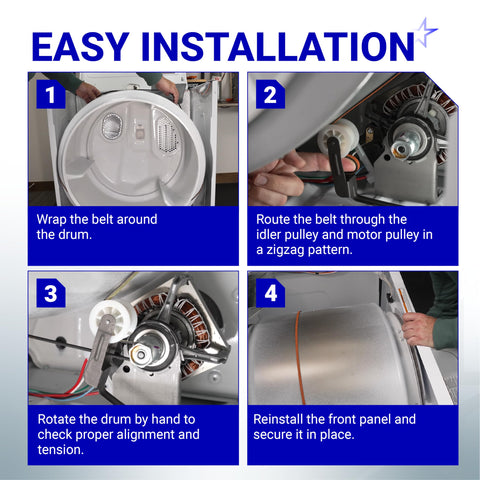 Easy installation steps for Must Have Dryer Drum Belt And Pulley Kit For Kenmore Whirlpool Dryers, showing belt and pulley setup.