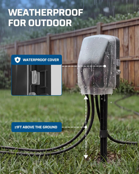 Outdoor Power Stake Timer Equipped With Six Grounded Outlets And An Extended Six Foot Cord Designed For Effortless Backyard Vibes And Landscape Projects Featuring A Chill Weatherproof Dial With Reliable Dusk To Dawn Settings with waterproof cover and elevated design.