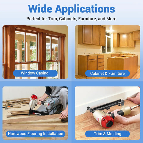 Wide applications of No Sweat Installation 16 Gauge 2.5 Inch Galvanized Finish Nails 500 Pack in trim and cabinet projects.