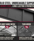 Comparison of flimsy wire mesh, thin wood, and Beefy Heavy Duty Metal Garage Shelving Rack With 3000 Lbs Capacity And Anti Fall Rails.