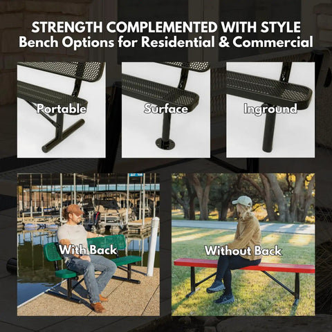 Collage of Heavy Duty Outdoor Garden Bench With Thermoplastic Coated Slatted Steel Industrial Grade Construction options.