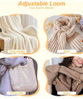 Collage of knitted items using adjustable loom, featuring a thick blanket, scarf, woven bag, and shawl in neutral colors.