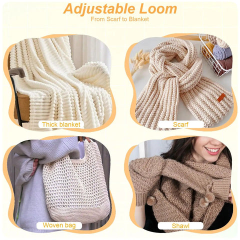 Collage of knitted items using adjustable loom, featuring a thick blanket, scarf, woven bag, and shawl in neutral colors.