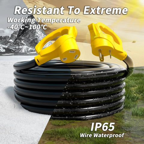50 Foot 30 Amp RV Extension Cord With Grip Handle Beefy Heavy Duty 10 Gauge 3 Wire STW Waterproof Outdoor Power Cable From TT30P To TT30R Cord Organizer ETL Listed Black Yellow on grass with mountain background