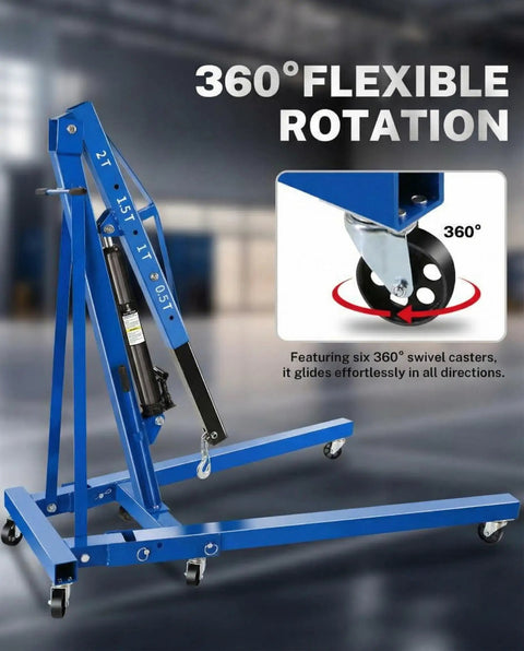 Professional Two Ton Folding Hydraulic Engine Hoist With Six Swivel Wheels And Adjustable Boom Cherry Picker heavy duty with 360° rotation feature.