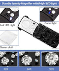 Two Pack Dope Illuminated Jewelers Loupe Set With 30X 60X 90X Magnifications UV Black Light And Bright LED Light Diamond Gem Coin Stamp Rock Inspection Magnifier Eye Loupe With Cloth Pocket Handheld Jewelry Loupe shown with dual LED lights, UV light, and cloth.
