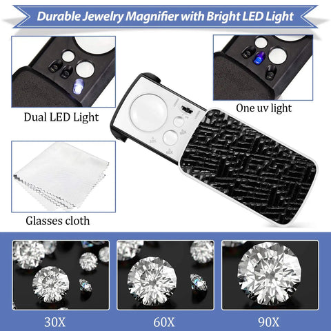 Two Pack Dope Illuminated Jewelers Loupe Set With 30X 60X 90X Magnifications UV Black Light And Bright LED Light Diamond Gem Coin Stamp Rock Inspection Magnifier Eye Loupe With Cloth Pocket Handheld Jewelry Loupe shown with dual LED lights, UV light, and cloth.