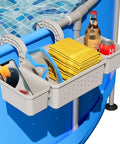 Poolside Storage Basket With Two Cup Holders And Stretchable Organizer For Drinks And Pool Supplies, A Must Have Above Ground Pool Accessory For Most Frame Pools With Adjustable Bracket For Stable, Hands Free Poolside Use, installed on frame pool.