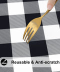 Close-up of a Round Picnic Tablecloth With Elastic Edges Waterproof Fitted Vinyl Cover For 36 to 44 Inch Tables Flannel Back Buffalo Plaid Black And White
