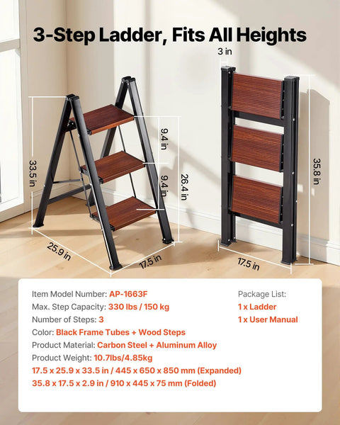 Three Step Folding Ladder With Wide Anti Slip Pedals And Comfort Handgrip Lightweight Aluminum 330 Lbs Capacity Portable Plant Support open and folded with 17.5 x 25.9 x 33.5 in size