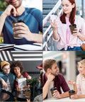 Collage of people using 80 Pack 10 Oz Insulated Paper Coffee Cups With Lids And Straws Ripple Wall Three Layer Brown