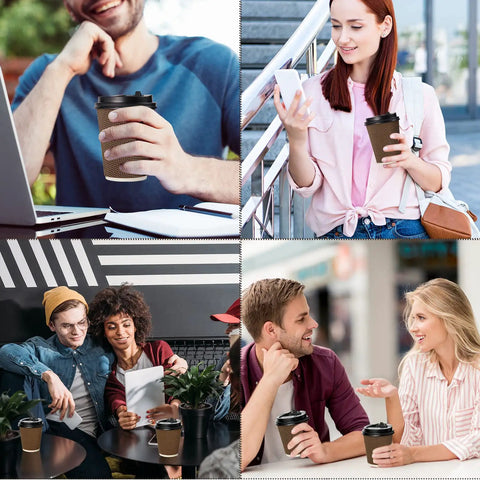 Collage of people using 80 Pack 10 Oz Insulated Paper Coffee Cups With Lids And Straws Ripple Wall Three Layer Brown