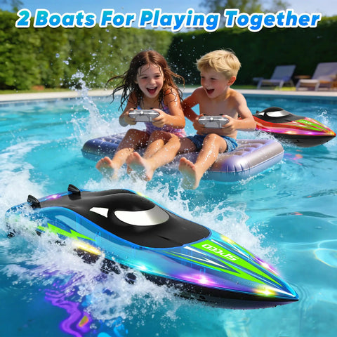 Children playing with Dual Prop RC Boat With LED Lights 14 Inch Remote Control Water Racer 2 4Ghz Fast Boat in a pool