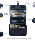 Big Capacity Hanging Hook Travel Toiletry Bag Waterproof Cosmetic Organizer For Men And Women with compartments and toiletries.