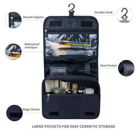 Big Capacity Hanging Hook Travel Toiletry Bag Waterproof Cosmetic Organizer For Men And Women with compartments and toiletries.