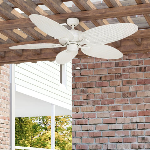 Duval 52 Inch Indoor Outdoor Ceiling Fan With Quick 2 Hang Mount Dual Mount 5 Blade Tropical Design Pull Chain ETL Damp Rated White Ideal For Patios Decks And Covered Outdoor Spaces installed under pergola on brick wall