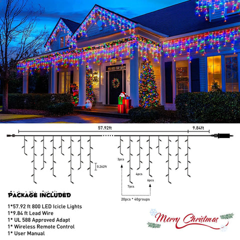 Epic 800 LED Icicle Christmas Lights Outdoor Plug In Multicolor With 160 Drops Waterproof 8 Modes 77.6 Feet Length Plus 10 Feet