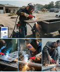 Man using Plasma Cutter With Built In Air Compressor 40A 120V IGBT Inverter Digital Cutting Machine For Clean 3/8 Inch Cut And 3/5 Inch Max Cut High Frequency Quality Build on metal outdoors
