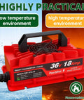 Heavy Duty 43.8V 18A LiFePO4 Battery Charger IP65 Waterproof For 36V Systems, shown in red with temperature indicators