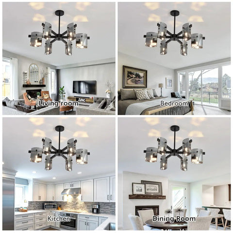 Six Light Black Glass Chandelier Pendant Lighting Mid Century Ceiling Fixture For Living Room Dining Room Kitchen Bedroom