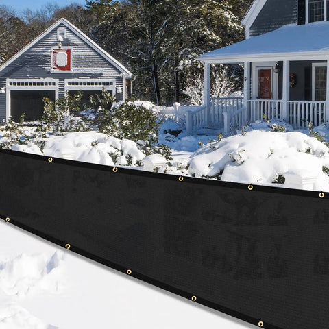 Custom Size Privacy Fence Shade Net Cover 3 Ft By 16 Ft UV Protected 170 GSM HDPE With Brass Grommets Black Bindings in a snowy yard