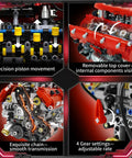 Visible V8 Engine Model Kit For Adults showing precision pistons, removable cover, chain, and adjustable gears.