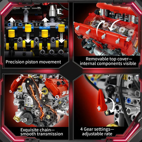 Visible V8 Engine Model Kit For Adults showing precision pistons, removable cover, chain, and adjustable gears.