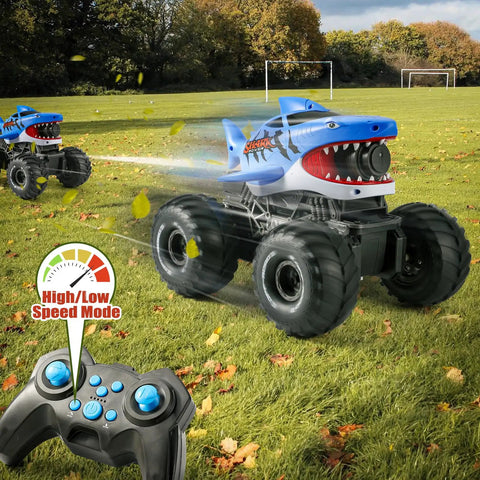 Beast Amphibious Remote Control Shark Monster Truck For Water Play in action on grass with wireless controller, perfect for off-road fun