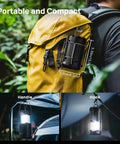 Two Pack Collapsible LED Camping Lanterns USB-C Rechargeable And Battery Powered 2-In-1 Emergency Light hanging on a backpack