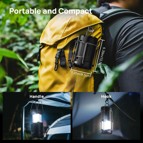 Two Pack Collapsible LED Camping Lanterns USB-C Rechargeable And Battery Powered 2-In-1 Emergency Light hanging on a backpack