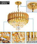 Gold Finish Modern Luxury Crystal Pendant Light Chandelier, Round Flush Mount Ceiling Fixture With Glass Prisms, E12 X 4 Bulbs Not Included