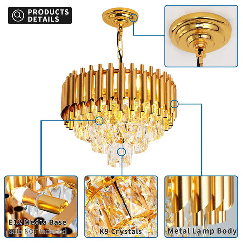 Gold Finish Modern Luxury Crystal Pendant Light Chandelier, Round Flush Mount Ceiling Fixture With Glass Prisms, E12 X 4 Bulbs Not Included