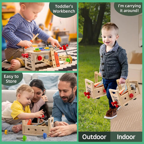 Need To Have 29 Piece Wooden Tool Set With Sturdy Box For Little Pros Featuring Hammer Screwdriver Wrench Saw And Crafting Parts For Sweet Pretend Play Workshop Projects Ages 3 Plus displayed in use by toddlers indoors and outdoors.