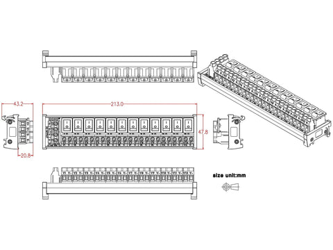 Technical drawing of Din Rail Mount 12 Channel Rocker Switch DC Power Distribution Strip Module A Workhorse Power Board.