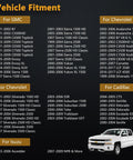 Vehicle fitment chart for GM, Chevrolet, Cadillac, and Isuzu models, including a white pickup truck image at the bottom right.