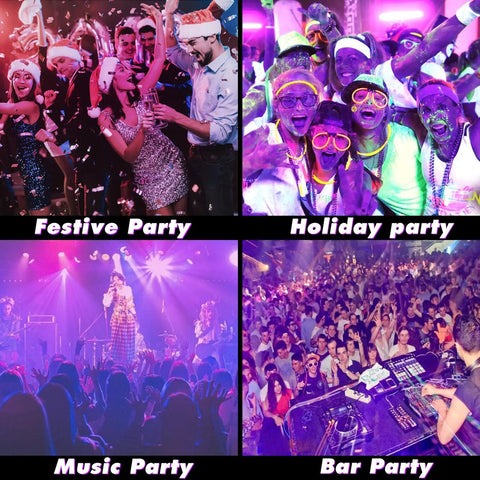 Collage of festive, holiday, music, and bar parties with vibrant lights, showing diverse party atmospheres and glow effects.