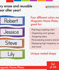 Magnetic Name Plates For Desks And Classrooms Reusable Dry Erase Name Tags Set Of 20 in four colors displayed with names Robert, Jessica.