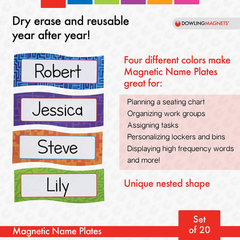 Magnetic Name Plates For Desks And Classrooms Reusable Dry Erase Name Tags Set Of 20 in four colors displayed with names Robert, Jessica.
