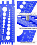 Two Piece Nut Bolt Thread Gauge Set With Metric And SAE Identifier, Plastic Bolt Sizing Tool in blue, rulers and holes visible.