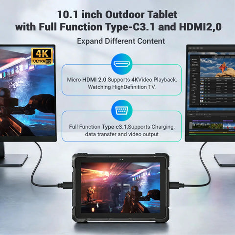 Built Like A Tank Rugged Tablet PC Running Windows 11 Pro On A Crisp 10.1 Inch Sunlight Readable Screen with HDMI connection.