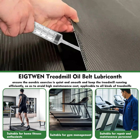 Applying Silicone Treadmill Lubricant 500ml For Smooth Quiet Belt Ride to a treadmill belt with a syringe applicator