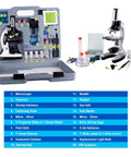 Rock Solid 1200X Monocular Compound Microscope With Killer LED Lighting And A Straight Up 52 Piece Science Starter Kit For Students Crushing Biology And Chemistry Labs in lab case.