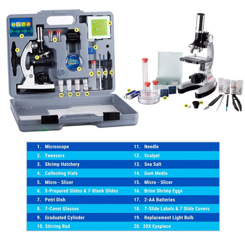 Rock Solid 1200X Monocular Compound Microscope With Killer LED Lighting And A Straight Up 52 Piece Science Starter Kit For Students Crushing Biology And Chemistry Labs in lab case.