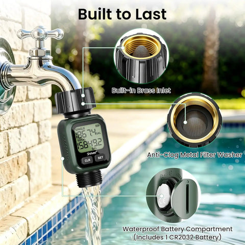 Water Flow Meter With Brass Inlet, Accuracy Within Five Percent, 4 Measurement Modes, Gallon And Liter Consumption And Flow Rate For Garden Hose Setups, Lawn Sprinkler, RV Water Tank Fill, Nozzle Sprayer, Green showing brass inlet and display