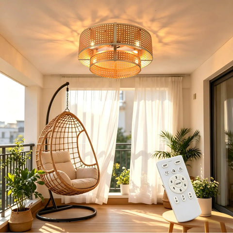 FUMLTP Boho Caged Ceiling Fans with Lights, Remote Control, Flush Mount above a cozy hanging chair in a well-lit balcony.