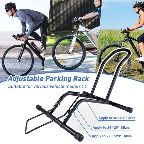 Adjustable black parking rack for bicycles, fits 16-29 inch wheels, highlighting Two Pack Bike Floor Stand For Mountain And Road Bicycles, Fits 20 To 29 Inch Wheels, 23C To 4.0 Inch Wide Tires, Indoor Outdoor Bike Rack, Easy Push On Parking For Front Or Rear Wheel, Black.
