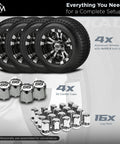 Warlock Black And Machined 10 Inch Golf Cart Wheel And Tire Kit With 205/50-10 Low Profile Tires Pre Mounted On Aluminum Rims Includes Caps And 16 Standard Lug Nuts Fits Club Car EZ Go, showing 4 wheels, caps, and lug nuts.