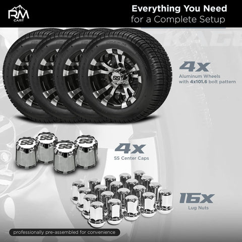 Warlock Black And Machined 10 Inch Golf Cart Wheel And Tire Kit With 205/50-10 Low Profile Tires Pre Mounted On Aluminum Rims Includes Caps And 16 Standard Lug Nuts Fits Club Car EZ Go, showing 4 wheels, caps, and lug nuts.