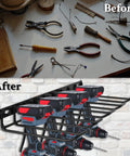 Before and after of organized tools using Power Tool Organizer Wall Mount and Drill Holder 2 Pack Black Steel Racks for Garage