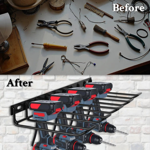 Before and after of organized tools using Power Tool Organizer Wall Mount and Drill Holder 2 Pack Black Steel Racks for Garage